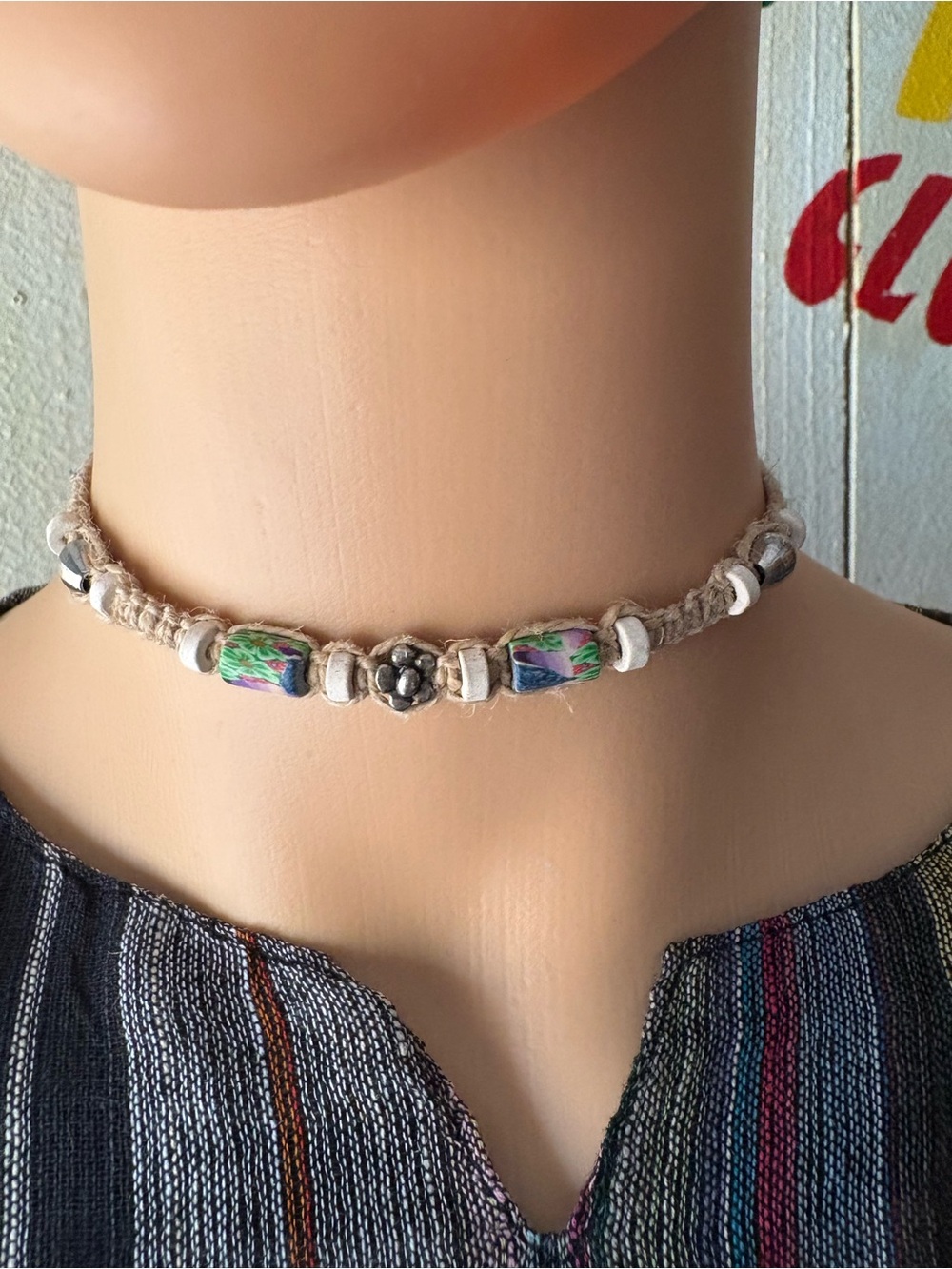 Handmade Beige Hemp Choker with Floral Beads
